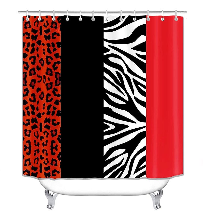jieprom 4PCS Leopard Print Shower Curtain Set with Rug  Toilet Lid Cover and Bath Mat Red Black Splice Shower Curtain with 12 Hooks  Complete Bathroom Accessories Decor Set - Image 3